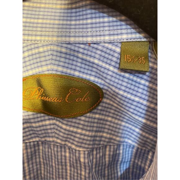 Phineas Cole men’s blue and white plaid striped button up shirt size 15 1/2 - Picture 3 of 4